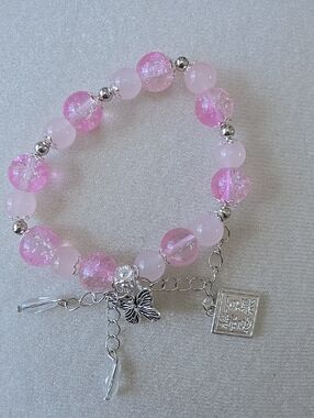 Pink Beaded Charm Bracelet with Butterfly Accent